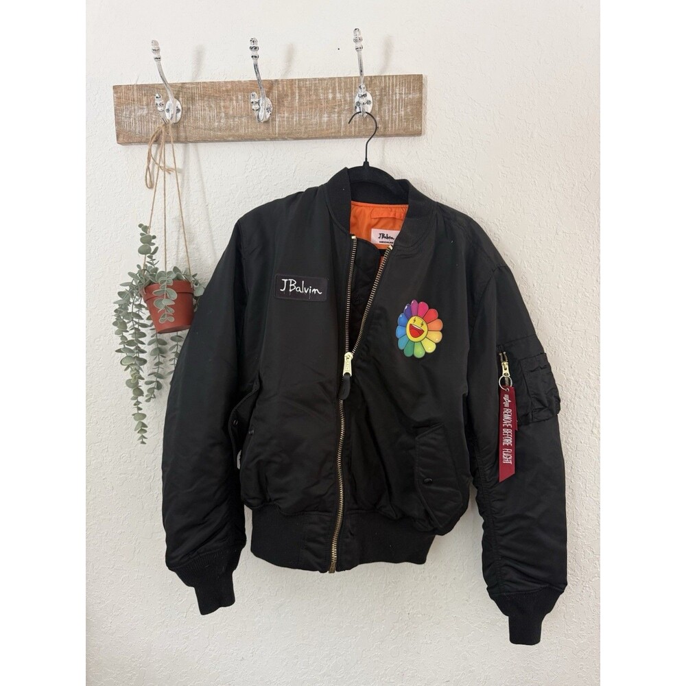 J Balvin Made In Medellin Black Bomber Jacket Rainbow Flower MA-1 Style Medium